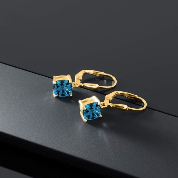 Jewelry - 18k Yellow Gold 2.35ct Blue London Topaz Cushion Earrings Silver 925 Anniversary